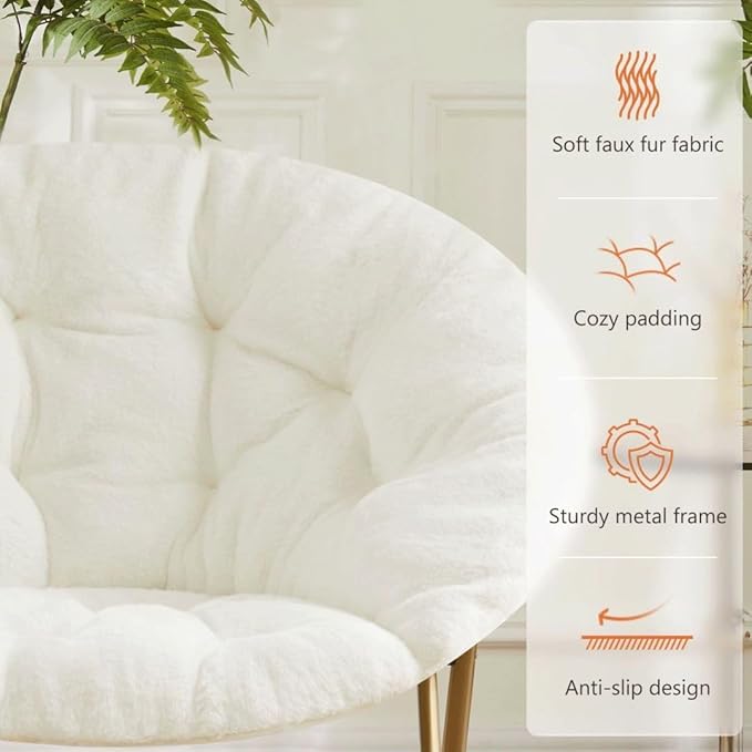 Simple Deluxe Saucer Chair, Round Foldable Reading Chairs, X-Large Size Cozy Papasan Chair, Comfy Furry Padded Moon Chair, Round Dorm Chairs for Bedroom Living Room, White