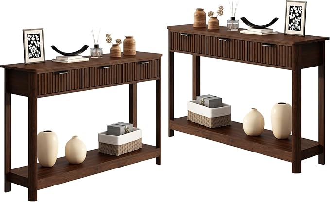 Set of 2 Console Table with Drawers, Modern 47.1" Entryway Table with Storage Shelf, Boho Narrow Skinny Behind Couch Wood Sofa Table for Living Room Hallway Entrance Foyer,Walnut