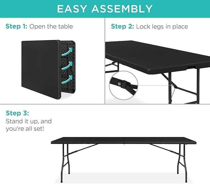 Best Choice Products 8ft Plastic Folding Table, Indoor Outdoor Heavy Duty Portable w/Handle, Lock for Picnic, Party, Pong, Camping - Black