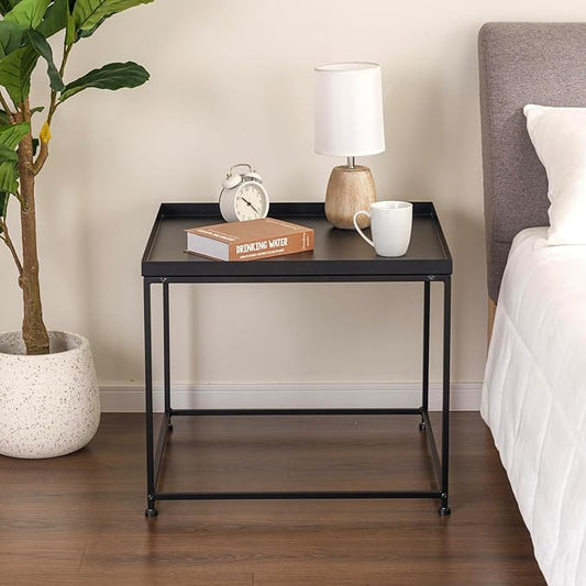 MyGift 24-inch Modern Tray Top End Table - Matte Black Metal Square Side Table or Nightstand