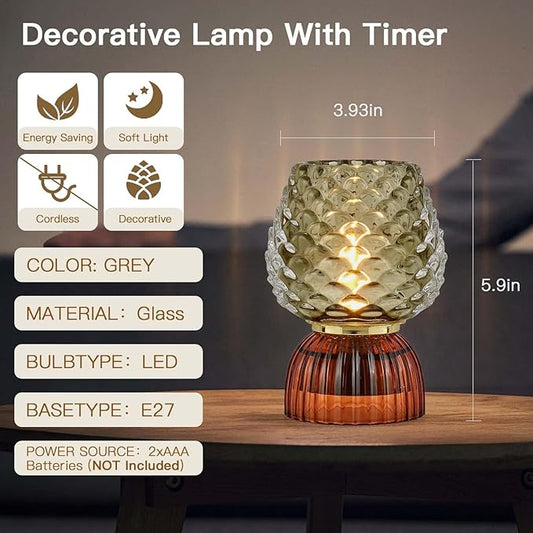 Battery Operated Lamp with Timer, Cute Small Cordless Glass Table Lamp for Home Decor, Kitchen, Bathroom, Birthday Gift for Women, Pinecone, Grey