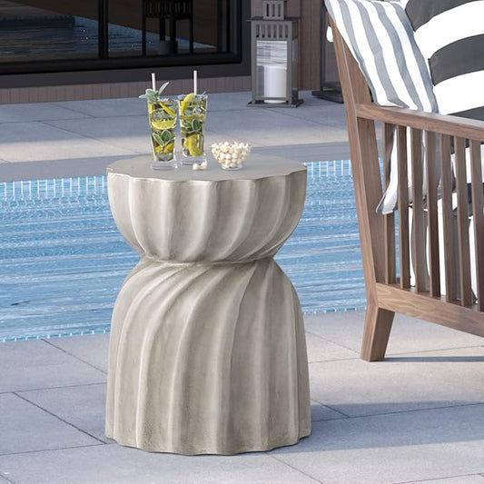 HOMPUS Unique Outdoor Concrete Side Table Set of 2, Garden Stool, 2 Piece Round Patio MgO End Table, Lightweight Small Accent Table for Indoor Outdoor Use, Patio, Garden, Backyard, Natural Grey
