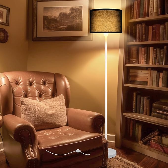 Floor Lamp White, Standing Lamp, 58" Tall Floor Lamp with Black Lampshade, Foot Pedal Switch, Modern Bright Floor Lamps for Living Room/Bedroom/Classroom/Kids Room, White Lamp for Girls' Gift(NO Bulb)