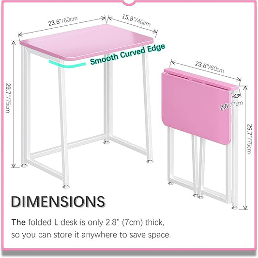4NM 23.6" Mobile Small Folding Desk, Foldable Rolling Computer Home Office Desk, Study Writing Table for Small Space Saving Bedroom, with Wheels - Pink and White