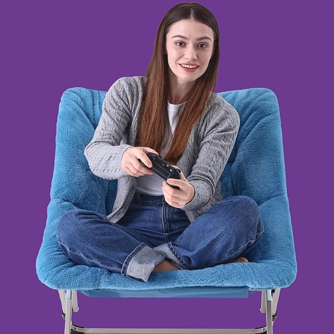 OAKHAM Comfy Chair for Adults, Soft Faux Fur Folding Lounge for Bedroom Living Room Dorm Rooms Flexible Reading Chair for Teens Kids, X-Large Foldable (Faux Fur-Blue)