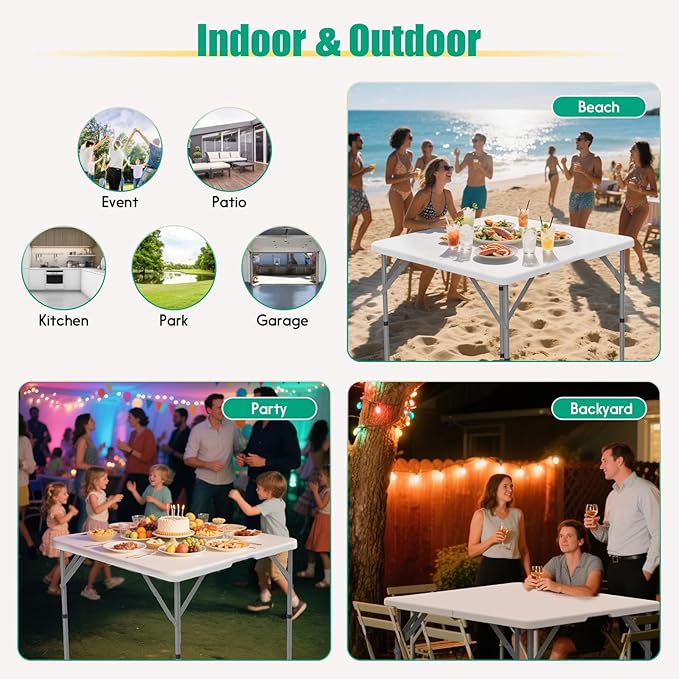 HLPB 34'' Square Folding Card Table 2 Pcs, Fold-in-Half Portable Dining Table with Handle and Safety Lock, Foldable Plastic Dining Table Indoor Outdoor for Camping, Picnic and Party Event, White