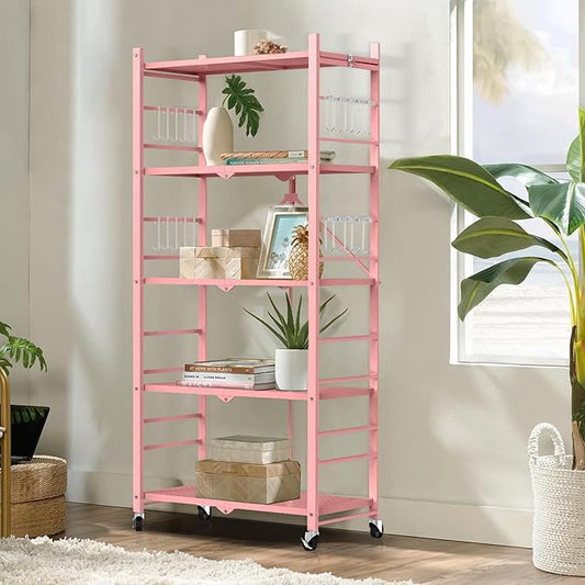 Storage Shelves with 20 Hooks, 5-Tier Foldable Shelves for Storage, Folding Shelf Unit Pantry Shelves with Wheels, Standing Shelving Unit for Kitchen Garage Home Office Room Greenhouse, Pink