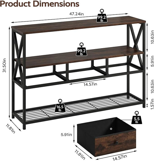47'' Farmhouse Console Table with 3 Drawers and Open Shelf, Sofa Table Behind Couch for Entryway, Living Room, Hallway, Foyer, Rustic Brown, Durable and Wear-Resistant