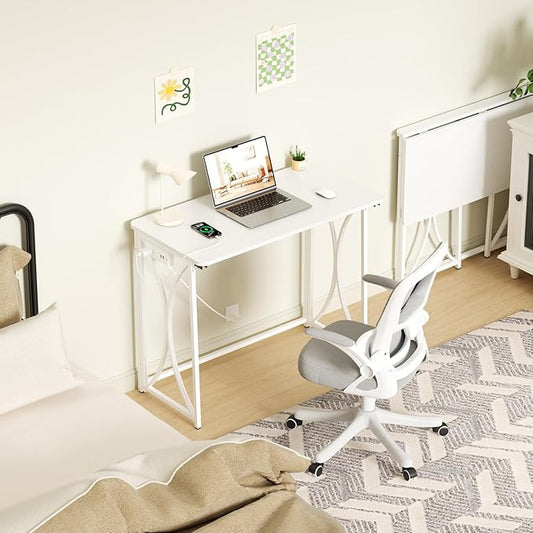 Foldable Desk, 31.5" Small Desk for Bedroom with Power Outlet, Space Saving Folding Computer Desk for Home Office, Easy Assembly, White