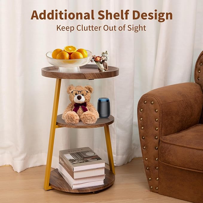 Small Round Side Table, 3-Tier End Table for Living Room, Wooden Nightstand Bedside Tables with Storage Shelf, Circle Accent Table for Bedroom, Office, Apartment (Walnut, Golden Frame)