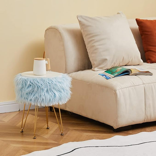 Mxfurhawa Faux Fur Storage Ottoman Round Furry Vanity Stool Marble Grain Tray Coffee Table Compact Footrest Stool with 4 Metal Legs Soft Makeup Seat Foot Stools for Living Room Bedroom Entryway Blue