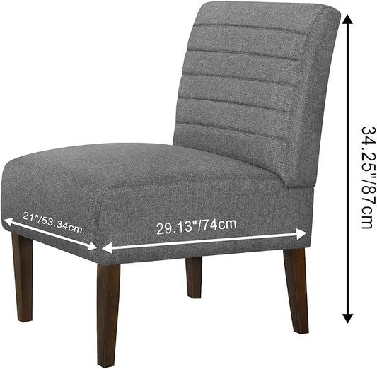 Slipper Accent Chair Modern Armless Lounge Chair with Wood Legs Upholstered Makeup Vanity Tufted Side Chair Fabric Comfy with Decor Back for Living Room Bedroom Patio (Horizontal Back, Grey)