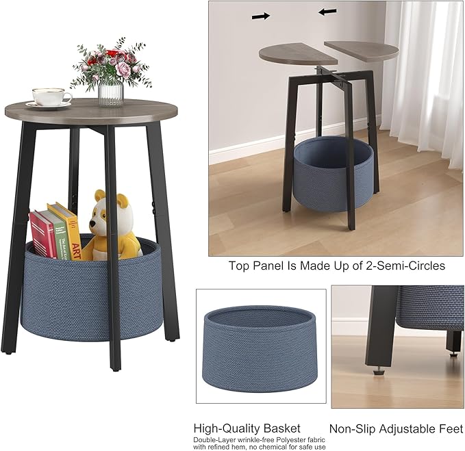 Small Round Side End Table Set of 2 with Cloth Storage Basket, Round Bedside Sofa Couch Coffee Tables for Small Places with Metal Frame, Modern Nighstands for Living Room Bedroom,Grey