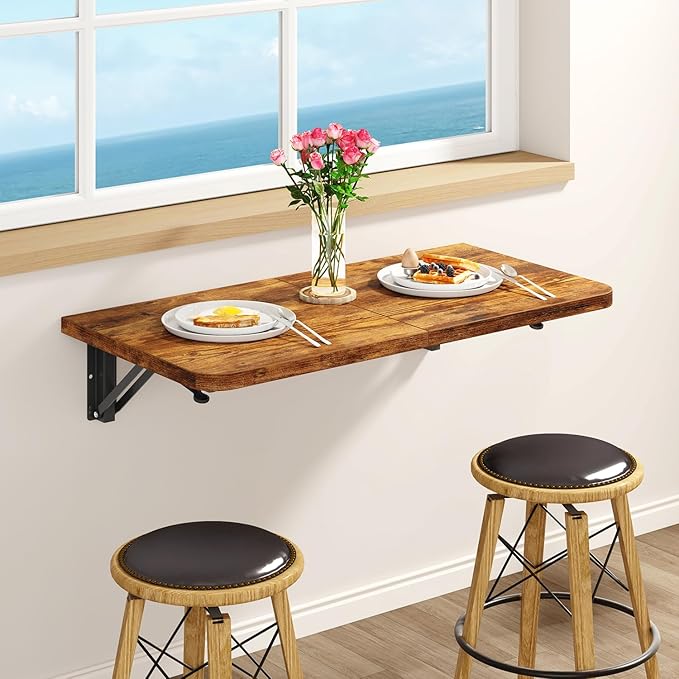 IBUYKE Wall Mounted Folding Table, Floating Wall Desk for Small Spaces, Fold Down Laundry Shelf with Heavy-Duty Brackets, Wall Table for Home Office/Bar/Kitchen/Dining, Rustic Brown UTVT005H