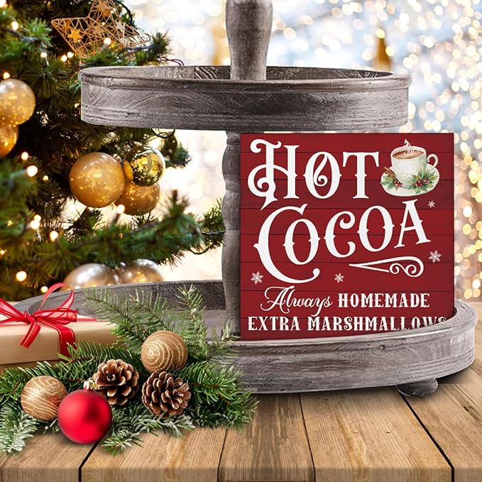 Hot Cocoa Bar Decorations - Christmas Decor, Hot Chocolate Bar Wooden Sign, Home Kitchen Decor for Desk Table Shelf 5 X 5 Inches