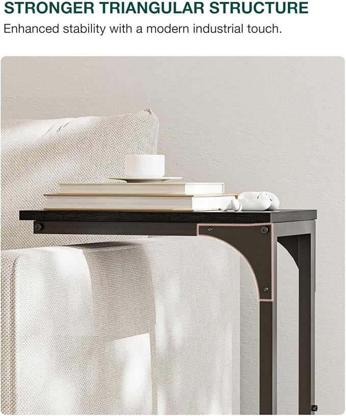 C-Shaped Side Table for Couch - Small Coffee Stand Sofa Tray Desk with Sturdy Metal Frame and Waterproof Scratch Resistant Wood Surface, Modern End Accent for Living Room, Bedroom, Black