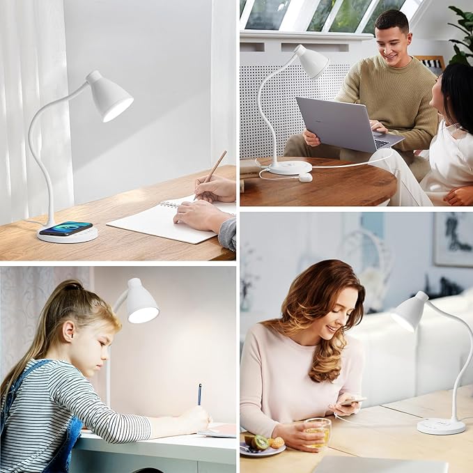 BOHON Desk Lamp for Home Office, LED Desk Light with USB C+A Charging Ports, Wireless Charger, 5 Colors Stepless Dimming Reading Light Timer, Touch Bedside Table Lamp for College Dorm Room White
