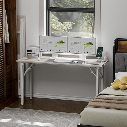 TEMI Long Computer Desk Folding Table - No Assembly, Compact 55.1" Foldable Desk with Power Outlets & USB Charging Port, Portable Lagre Office Desk, Ideal Large Study Table for Narrow Spaces,White Ash