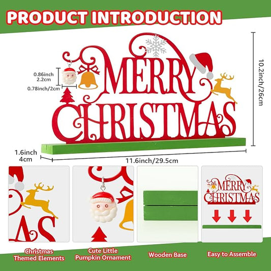 Metal Holiday Table Sign Decor, Decorations Tabletop Centerpiece for Home, Office, Shelf, Tiered Tray, Mantel, Indoor, Merry Christmas