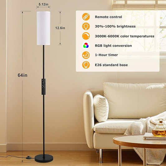Ambimall 64'' Floor Lamps for Living Room with Remote Control and RGB + Stepless Dimmable Colors Temperature & Brightness, 9W Smart Bulb Included(White Shade & Black Pole)