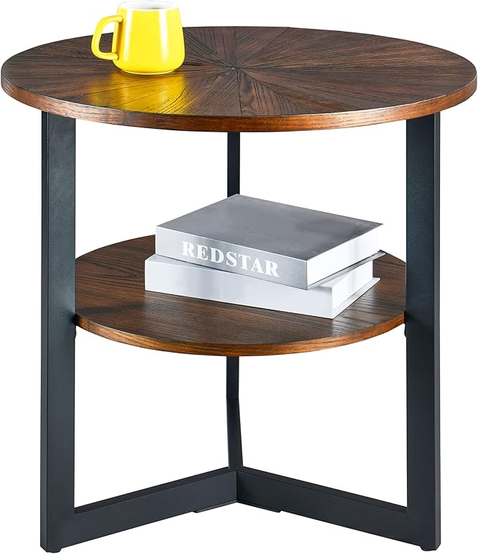 Round End Table with Storage Shelf, 25in Circel Accent Side Table with Metal Legs, 2-Tier Industrial Sofa Side Table for Living Room Bedroom, Brushed Brown