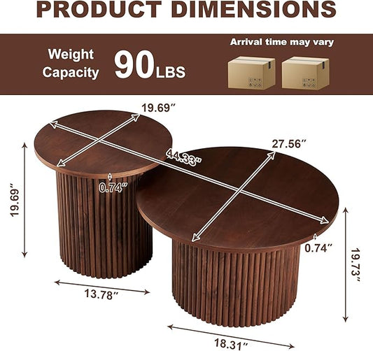 Round Coffee Table Set of 2,Small Side Table Set of 2, Circle Accent Tables with Walnut Wood Veneer Tabletop, Engineered Wood Strip Base for Small Spaces, Living Room