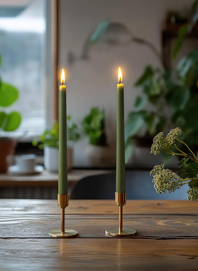 12pk 10" Classic Taper Candles, Moss Green, 7-8 Hours Long Burning, Unscented Tall Candlesticks