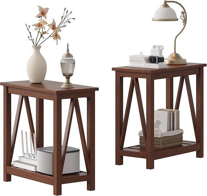ChooChoo Farmhouse End Table Set of 2, Rustic Vintage Narrow End Side Table with Storage Shelf for Small Spaces, Nightstand Sofa Table for Living Room, Bedroom Walnut