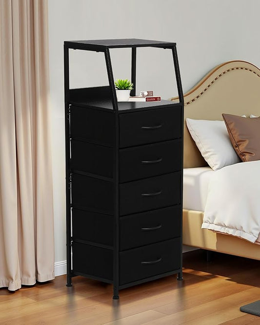 Dresser for Bedroom, Fabric Nightstand Tall Dresser & Chests of Drawers with 5 Drawers, Vertical Organizer Storage, Hallway, Entryway Black