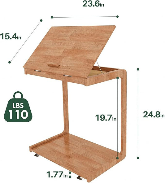 C Shaped Rolling End Table with Wheels - Solid Wood Side Table for Couch, Wooden Modern Tv Tray Bedside Tables for Sofa Armchair Living Room Bedroom, Cherry, 15.4 in x 23.6 in x 24.8 in