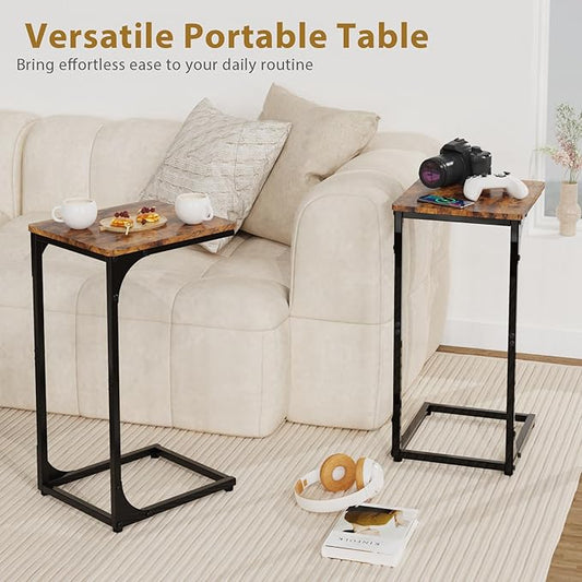 Narrow C Shaped End Tables Living Room TV Trays Set of 2, Small Thin Farmhouse Side Table Skinny Slide Under Couch Tray Tables for Sofa Bedroom Small Space 11.8 inch Width, Rustic Brown