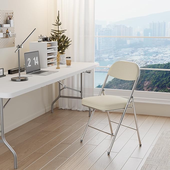 VINGLI Folding Chairs with Padded Seat & Backrest, Metal Frame, Durable Corduroy Fabric, 350 lbs Capacity, Set of 1, Off-White – Ideal for Weddings, Parties, Office Events