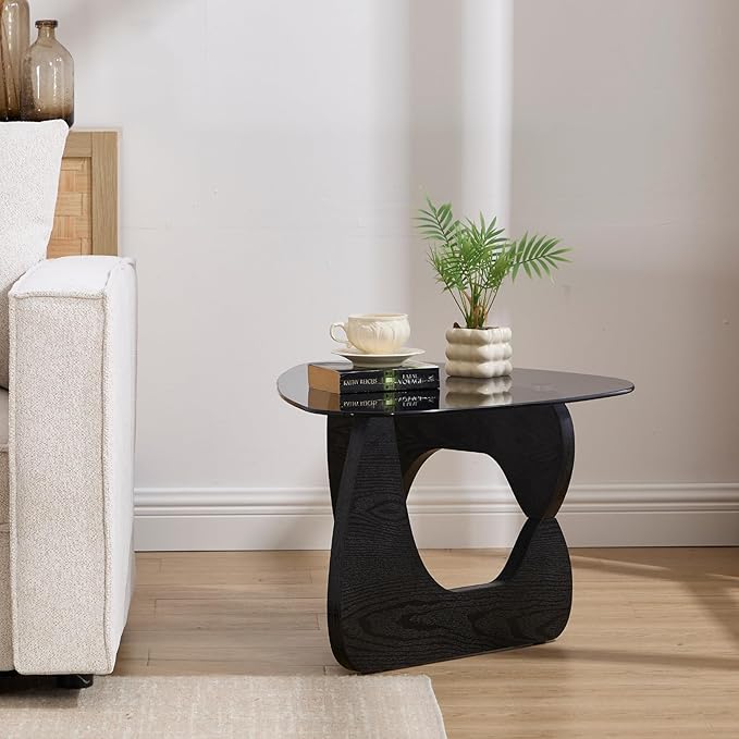 Small Glass Coffee Table, 32.5" Black Triangle Center Table with Wood Base Abstract Contemporary Coffee Table for Living Room Office Patio, Grey