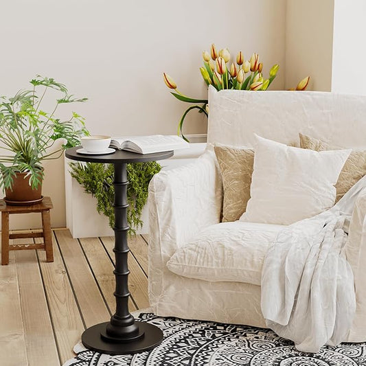 Round Side Table, Modern Drink Table for Small Spaces, Small End Table with Solid Wood Leg for Living Room, Bedroom, Corners, and Office (Black)