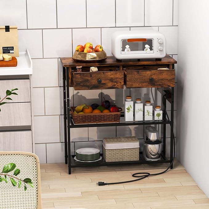 GOFLAME Console Table with Power Outlet, Narrow Entry Table with Drawers, 2 AC Outlets & 2 USB Ports, Sofa Table for Living Room Behind Couch, Living Room, Foyer, Brown