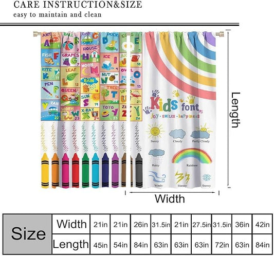 BAEKJIN Kids Alphabet Curtains,Crayon Rainbow and Cute Cartoon Animals Pattern Print Decor Window Drapes for Bedroom Living Room 42x45 Inch