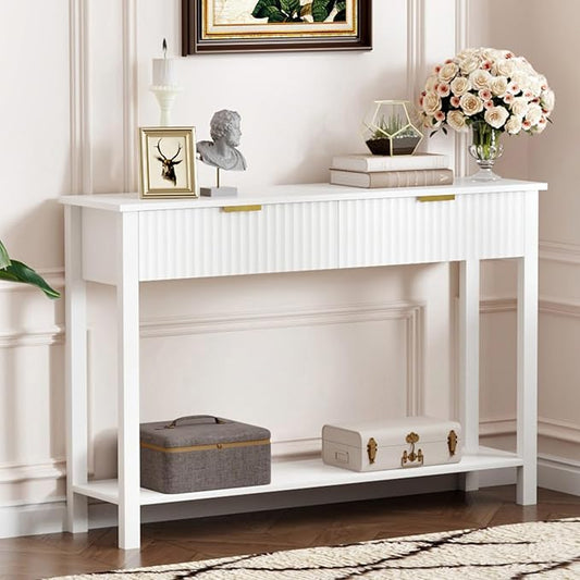 47.2" White Entryway Console Table with 2 Fluted Drawers and Gold Handles, Modern Sofa Table with Storage Shelf for Living Room and Hallway