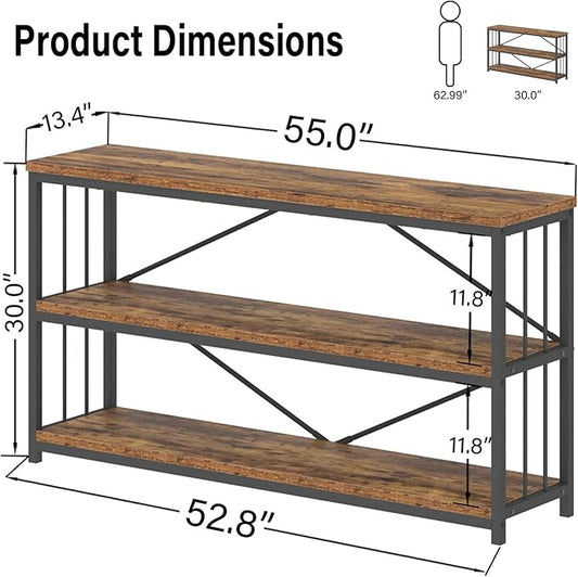LVB Industrial Console Entryway Table, Metal Wood Rustic Sofa Table with Storage, Farmhouse 3 Tier Shelf Long Hallway Foyer Entry Tables Behind Couch for Home Living Room Entryway, Rustic Brown, 55 In
