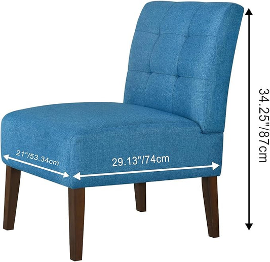 Slipper Accent Chair Modern Armless Lounge Chair with Wood Legs Upholstered Makeup Vanity Tufted Side Chair Fabric Comfy with Decor Back for Living Room Bedroom Patio (Pin Back, Blue)
