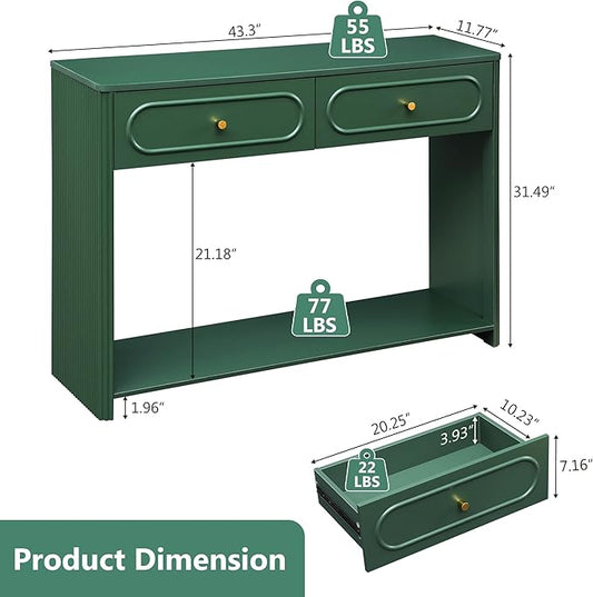 Fluted Console Table with Drawers, Mid-Century Narrow Entryway Table with Open Storage Shelves, Hallway Accent Tables Behind Couch Tables for Living Room (Green)