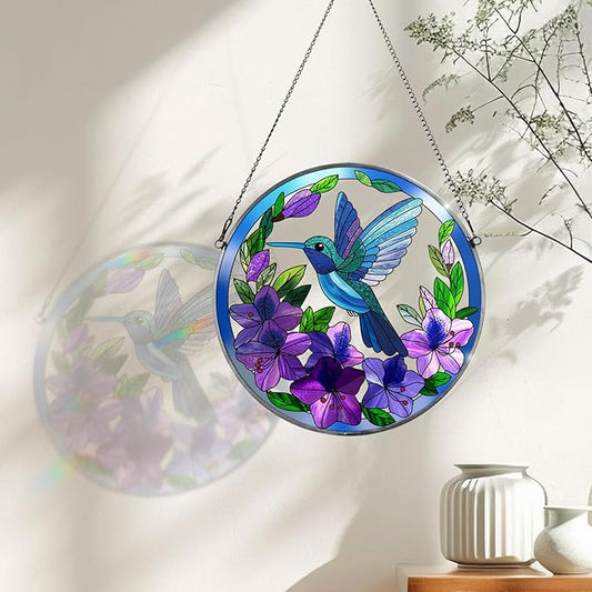 Stained Glass Sun Cather for Window Hanging, 6.3'' Hummingbird Suncatcher with Flowers for Indoor Ornament, Bird Stain Glass Home Decor for Women, Mother
