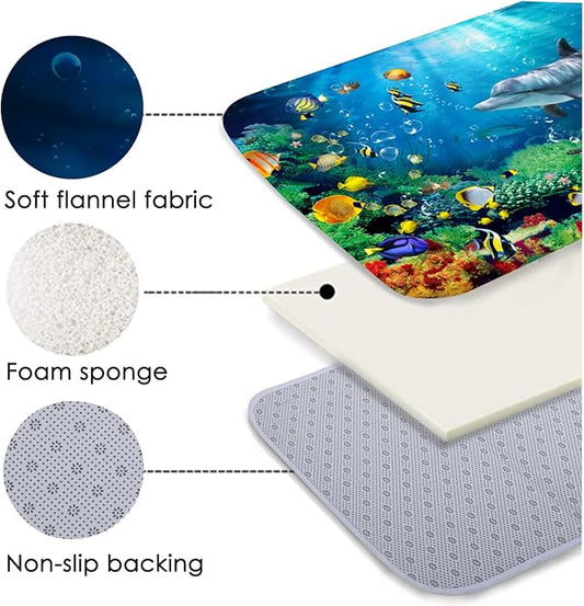 Bath Rugs Sponge Foam Absorbent Soft for Bathroom and Kitchen (47x18 inches),Flannel Mat Non Slip Bright 3D Print for Bedside and Living Room(Dolphin Coral Fish School)
