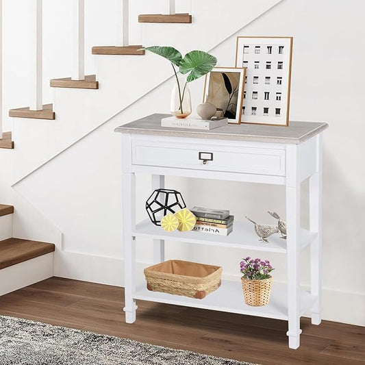 MOTION Narrow Entryway Table - 3 Tier Console Tables for Entryway with Drawer, Shelves, Sofa Table with Storage, Farmhouse Entry Table for Hallway, Living Room, 29 in, White