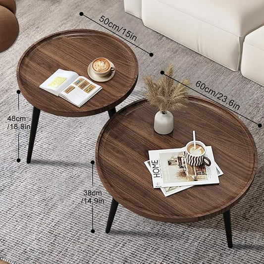 Jessie 2 Pcs Small Round Coffee Tables,Mid Century Modern Nesting Tables,Easy Assembly Circle Walnut Coffee Tables with Non-Slip Feet,Wood Grain Top Nesting Coffee Table for Living Room Balcony Yard