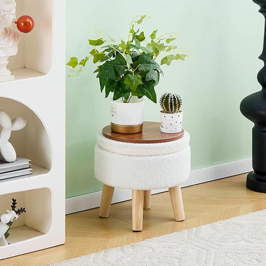 Mxfurhawa Versatile Storage Ottoman, Round Footstool with Soft Padded Seat, Small End Table with 4 Wood Legs, Teddy Velvet Foot Rest for Couch,Shoe Changing Stool for Living Room (Cream)