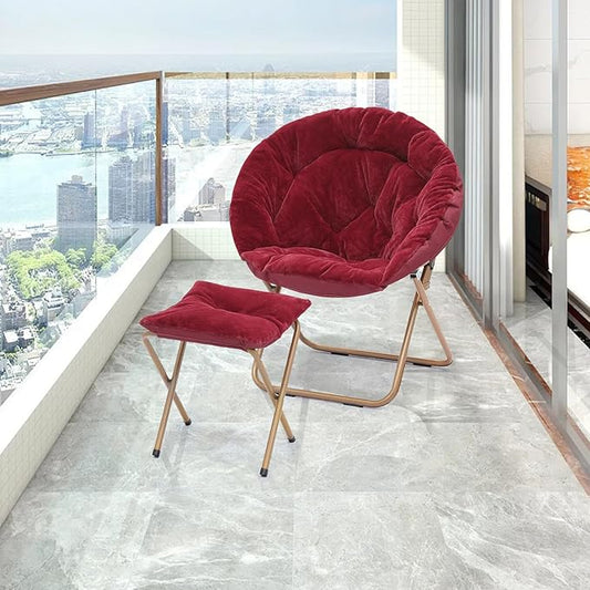 Athena Collection Saucer Chair with Ottoman Comfy Chair for Bed Room Living Room Folding Round Cozy Chair Faux Fur Metal Frame Foldable Lazy Chair Accent Chair Reading Chair, Red, Burgundy