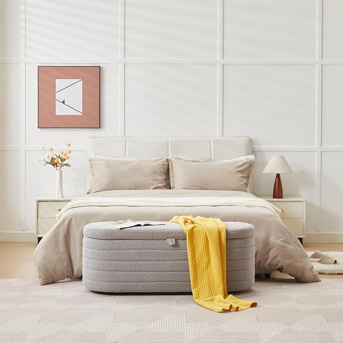 Storage Ottoman Bench End of Bed for Bedroom,45 inch Boucle Upholstered Entryway Shoe Seat Bench w/ Storage,Sherpa Modern Cute Padded Blanket Chest Stool Foot Rest for Living Room,Window Seating, Grey