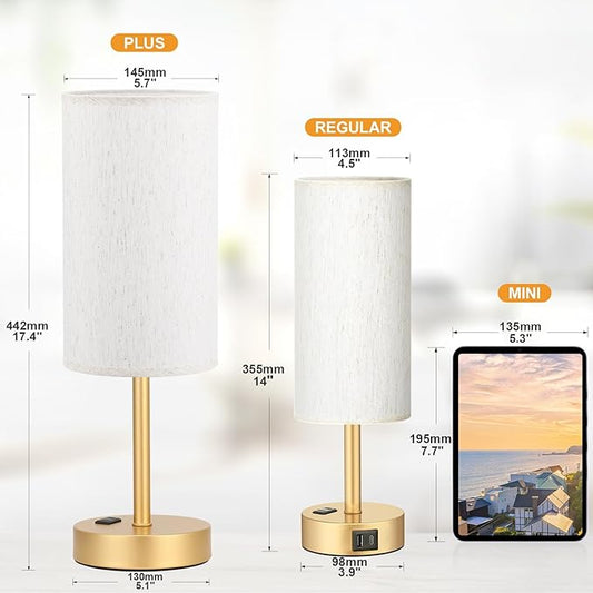 Fenmzee Touch Table Lamp - Cream, 3-Way Dimmable, USB A + C Charging, AC Outlet, 17.4inch Medium, Gold Metal Base