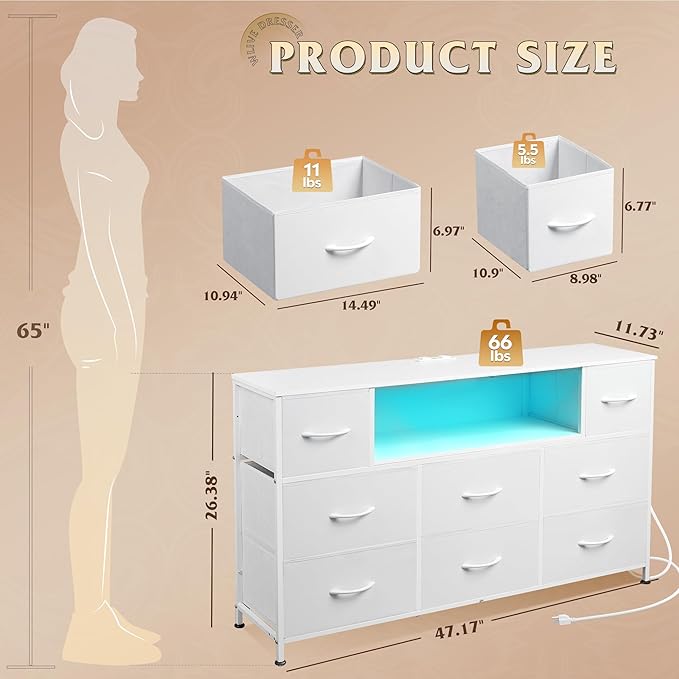 WLIVE White Dresser TV Stand for 45, 50, 55 inch TV, Entertainment Center with LED Lights & Charging Station, Chest of Drawers with 8 Fabric Drawers and Open Shelves for Living Room, Hallway, Wood Top