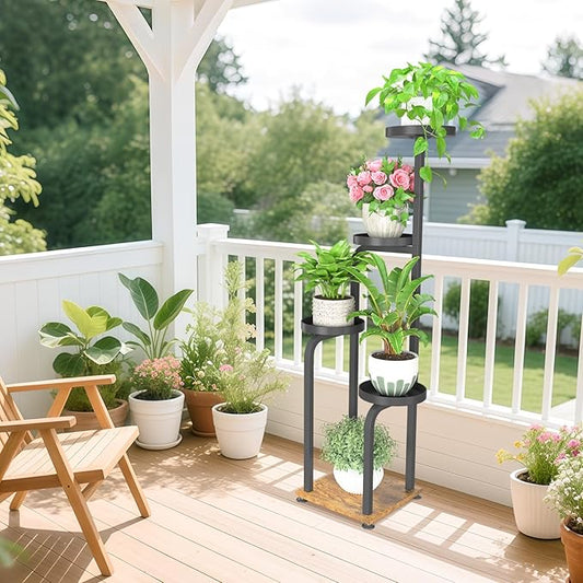 iDavosic.ly Tall Plant Stand Indoor, 4 Tier Corner Multiple Flower Holder Shelf with Metal Trays, Space Saving Display Rack for Living Room Balcony Patio Porch Outdoor | Black & Brown